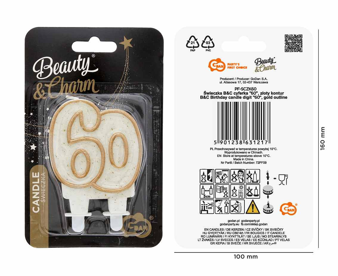 Double digit candle "60", gold outline, 8 cm